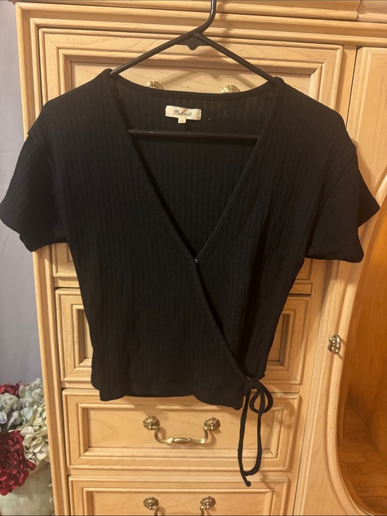 Madewell Tops - Madewell Black Ribbed Wrap Short-Sleeve Top with Side Tie